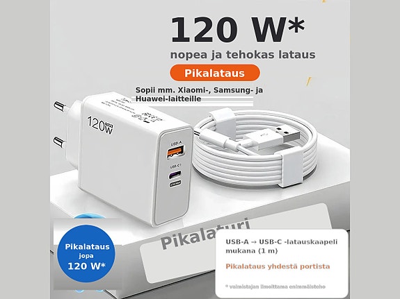 USB-pikalaturi Type-C + USB-A + 1m kaapeli — EU-pistoke (valkoinen)