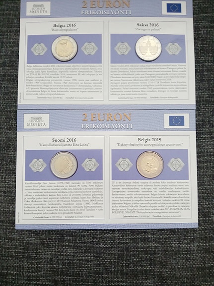 2 euron erikoisrahat Suomi ja Belgia kansiossa