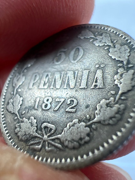 50 penniä hopearaha 1872 S-merkki