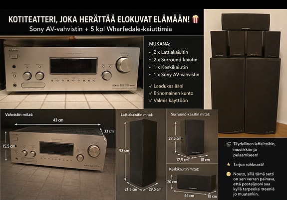 Kotiteatteri Sony AV-vahvistin + Wharfedale Diamond kaiutinpaketti