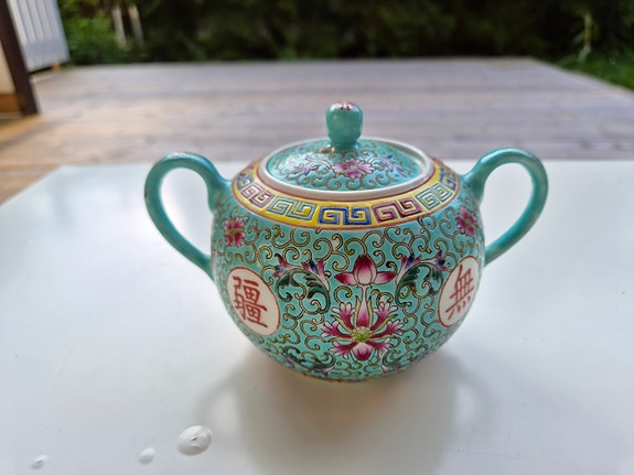 Vintage kiinalainen Mun Shou Longevity -teeastiasto, turkoosi (8 osaa)