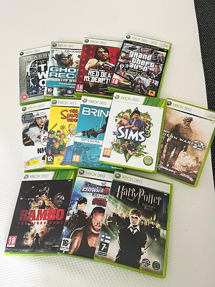 Paketti Xbox 360 pelejä (Rambo, Harry Potter, Simpsons, GTA ym.)