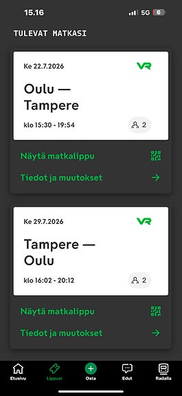 Junaliput oulu-tampere 22.7 ja tampere-oulu 29.7