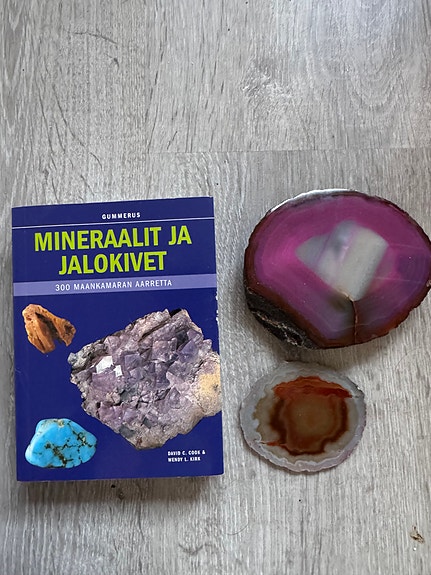 Mineraalit ja jalokivet kirja ja kaksi kiveä