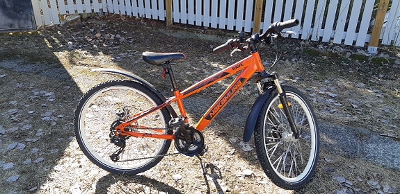 24" mountain bike with two sets of wheels, all with disk brakes