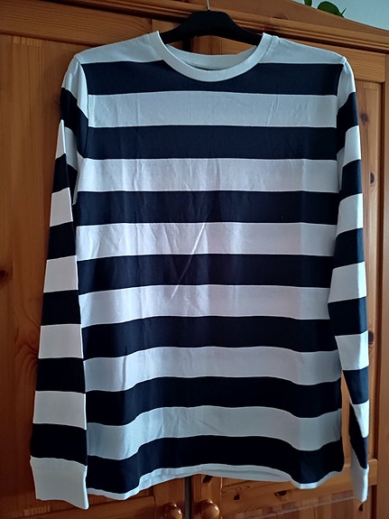 Miesten raidallinen pyöreäkauluksinen pitkähihainen jersey T-paita koko M/L UUSI