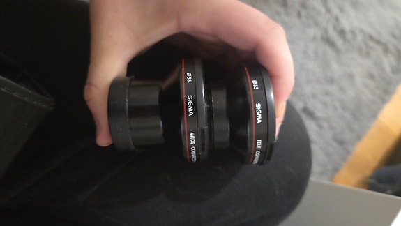 Sigma wide converter x0.5 ja tele converter x1.5 videokameralle