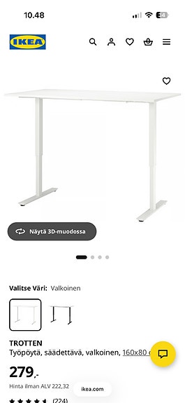 Ikea valkoinen säädettävä työpöytä