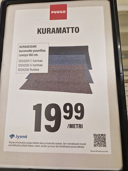 Jysmä tuulikaapin/eteisen matto 100cm ×120cm