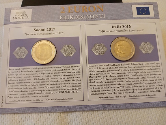 2 euron erikoislyönti Suomi 2017 ja Italia 2016 keräilyrahat