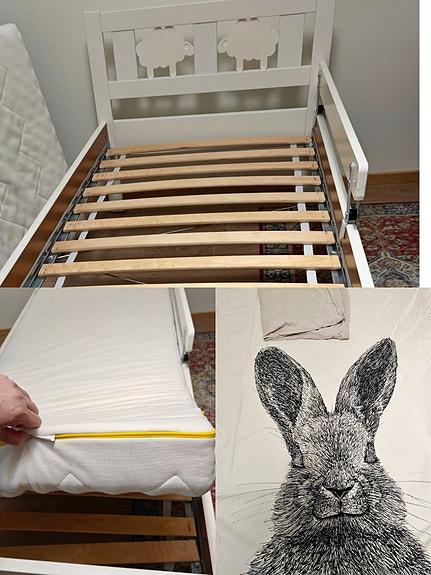IKEA juniorisänky valkoinen+patja+Finlaysonin Pupu-pussilakanasetti