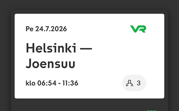 Junaliput Helsinki–Joensuu 24.7.2026 aikuinen ja 2 lasta