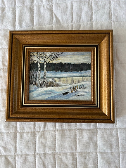 Talvimaisema taulu puukehyksillä