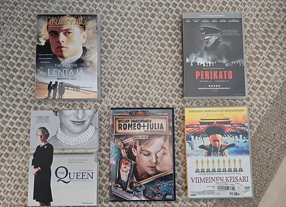 5 x Draamaelokuva-DVD:tä (mm. The Aviator, Perikato, Viimeinen Keisari, yms.)
