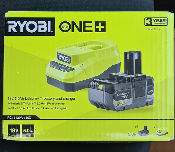 Ryobi ONE+18 V 5,0Ah. Lithium+ akku ja laturi