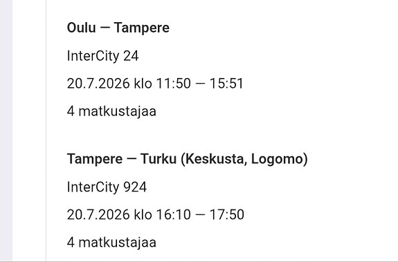 VR InterCity junaliput Oulu–Tampere ja Tampere–Turku 20.7.2026