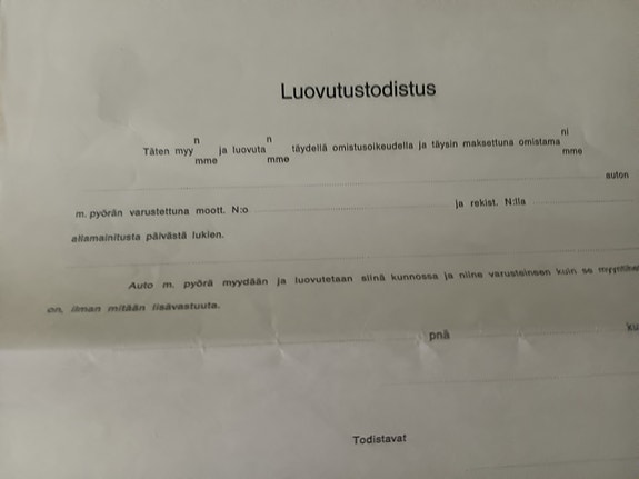 Ajoneuvon luovutustodistuksia