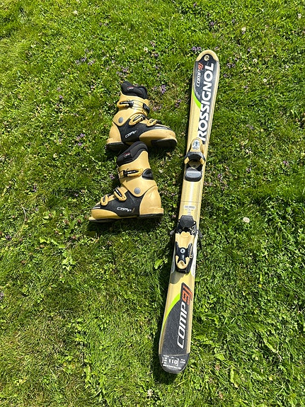 Rossignol Comp 91 laskettelusukset 110 cm ja Cofy 270 mm monot keltamusta