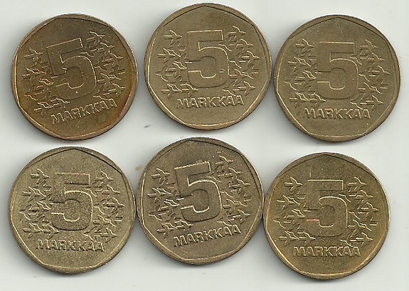 Suomen 5 markan vanhat Jäänmurtaja kolikot 1972-1978