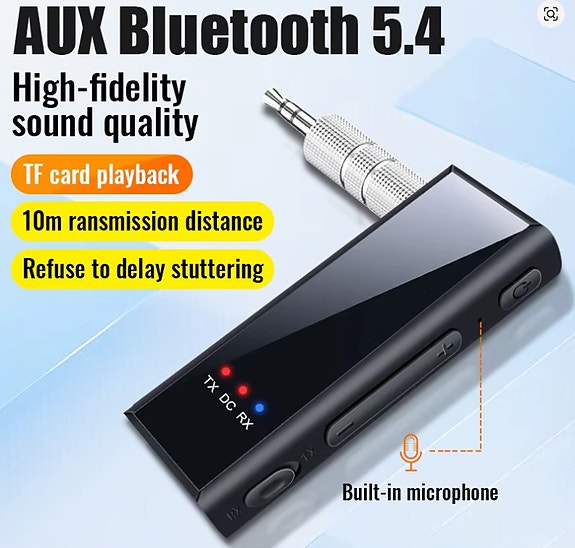 Bluetooth 5.4 TX/RX ‑adapteri – AUX, Mic, TF‑kortti – Auto/TV/PC