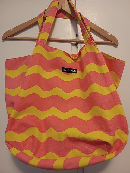 Marimekko kangaskassi / laukku – kirkas pinkki-keltainen, hyvä kunto