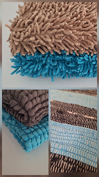 Useita pieniä mattoja (beige, turkoosi, harmaa)