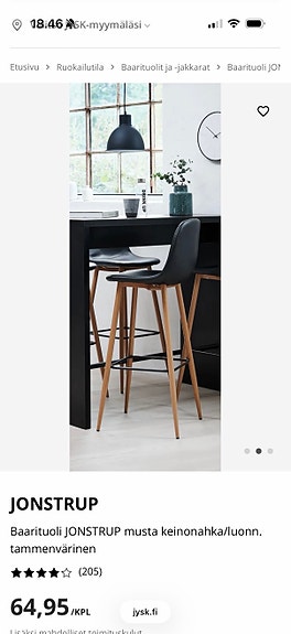Jyskin JONSTRUP baarituolit (2kpl) ja pöytä