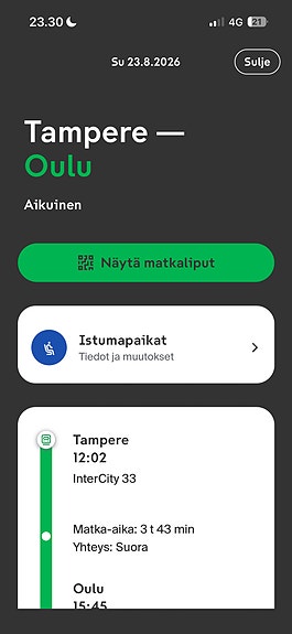 Tampere-Oulu junaliput 23.8.