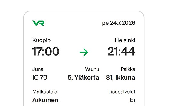 VR aikuisen junalippu Kuopio–Helsinki pe 24.7. klo 17 junaan