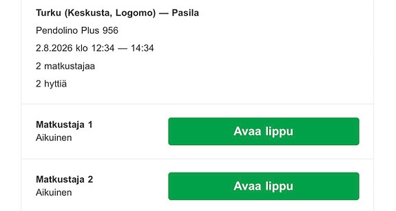 VR junalippu Turku–Pasila kahdelle (2 hyttiä) 2.8.