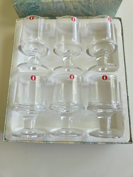 Upea Iittala Marski -snapsilasien setti 6 kpl (Tapio Wirkkala), alkup. pakkaus