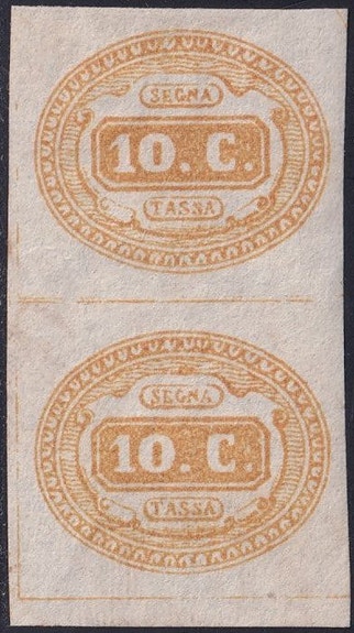 Italian kuningaskunta 1863 - Vero-merkki 10 c. keltainen, pystypari. Sass 1,