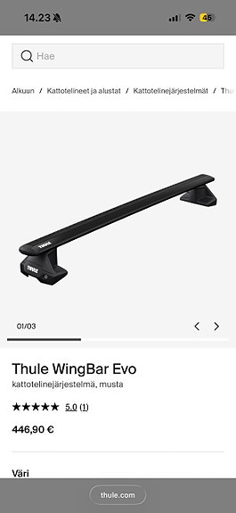 Thule WingBar Evo kattotelineet musta. Audi A5 (2014)