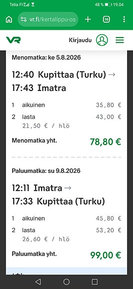 Meno-paluu Turku - Imatra 3 lippua