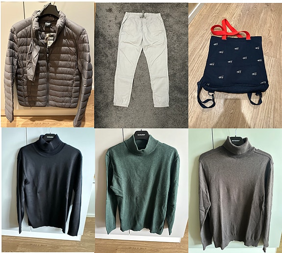 Miesten untuvatakki, housut, laukku/reppu, 3 pooloneuleita