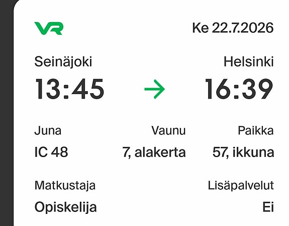 VR junalippu 22.7 Seinäjoki–Helsinki opiskelija