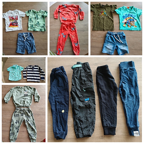 4 t-paitaa, 2 shortsit, 2 collegesettiä, 4 housut ja kaksi paitaa 98-104