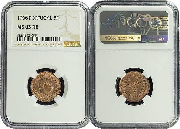 Portugali. Carlos I. D. Carlos I 5 réis 1906 Lisboa Cobre certificada NGC -