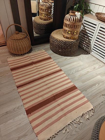 raidallinen puuvillamatto 70 x 140 cm beige/ruosteenruskea