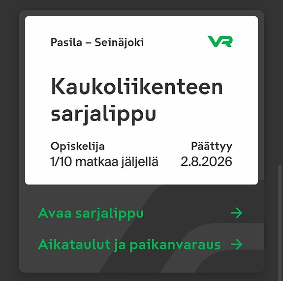 Opiskelijasarjalippu Helsinki-Seinäjoki