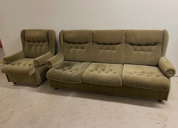 Vintage vihreä sohvaryhmä, ASKO, 2 nojatuolia, 1 sohva