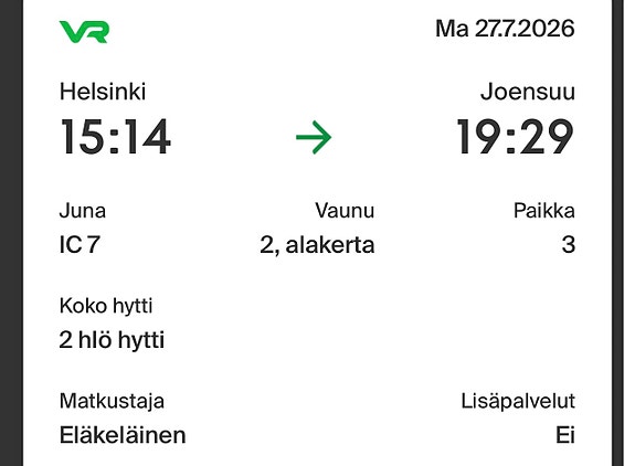 Helsinki-Joensuu 27.07.2026 eläkeläinen 2 kpl