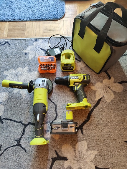 Ryobi 18V porakone, kulmahiomakone ja akku