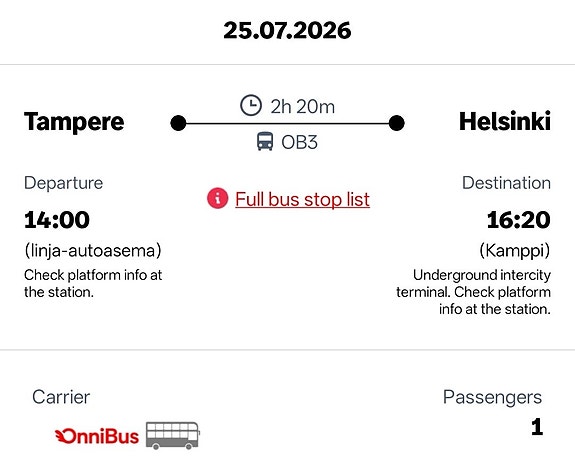 OnniBus-lippu Tampere–Helsinki 25.7.2026