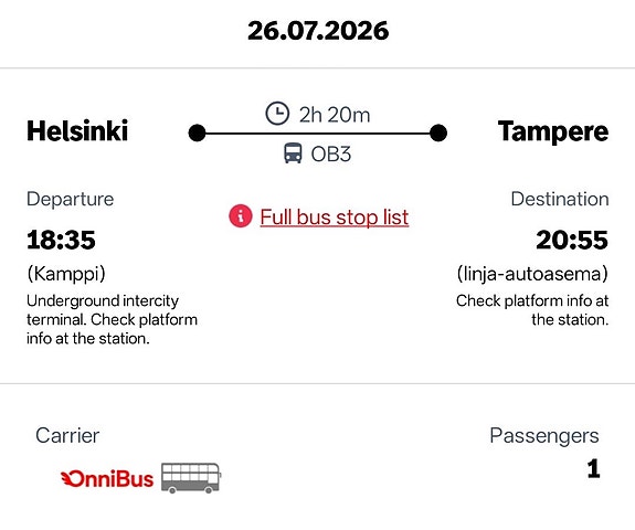 OnniBus lippu Helsinki–Tampere 26.7.2026