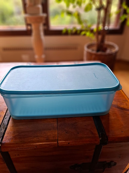 Tupperware sininen jääkaappirasia ritilällä
