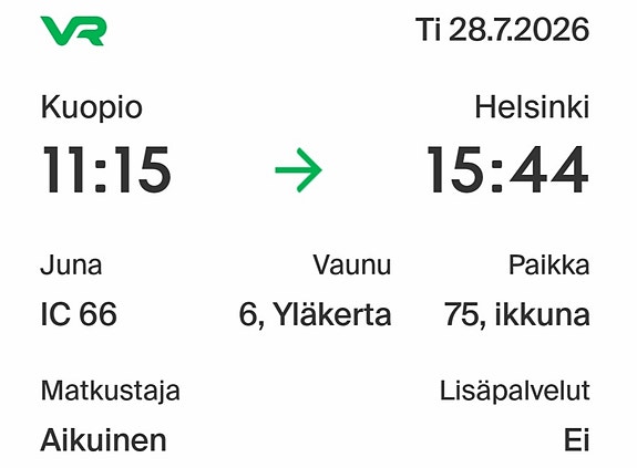Aikuisen junalippu Kuopio-Helsinki 28.7.2026
