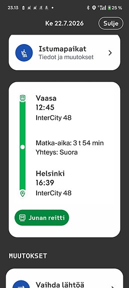 Vaasa–Seinäjoki-Tampere-Helsinki junalippu 22.7. klo 12.45