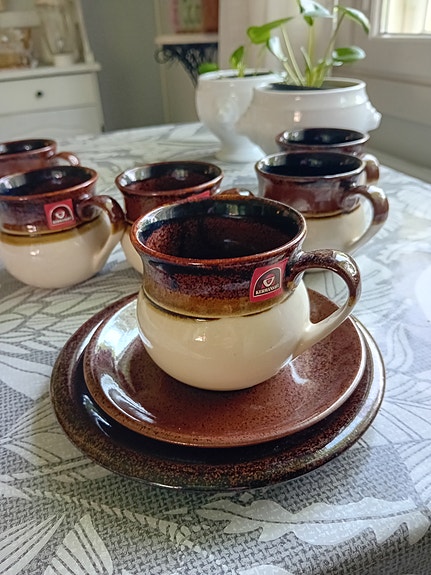 Kerman savi mukit/ kahvikupit+tassit+pullalautaset 6kpl