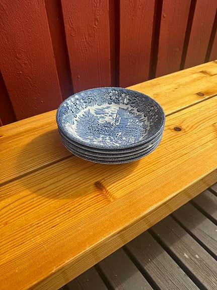 Royal Tudor Ware Coaching Days syvät lautaset sinivalkoinen kuviollinen